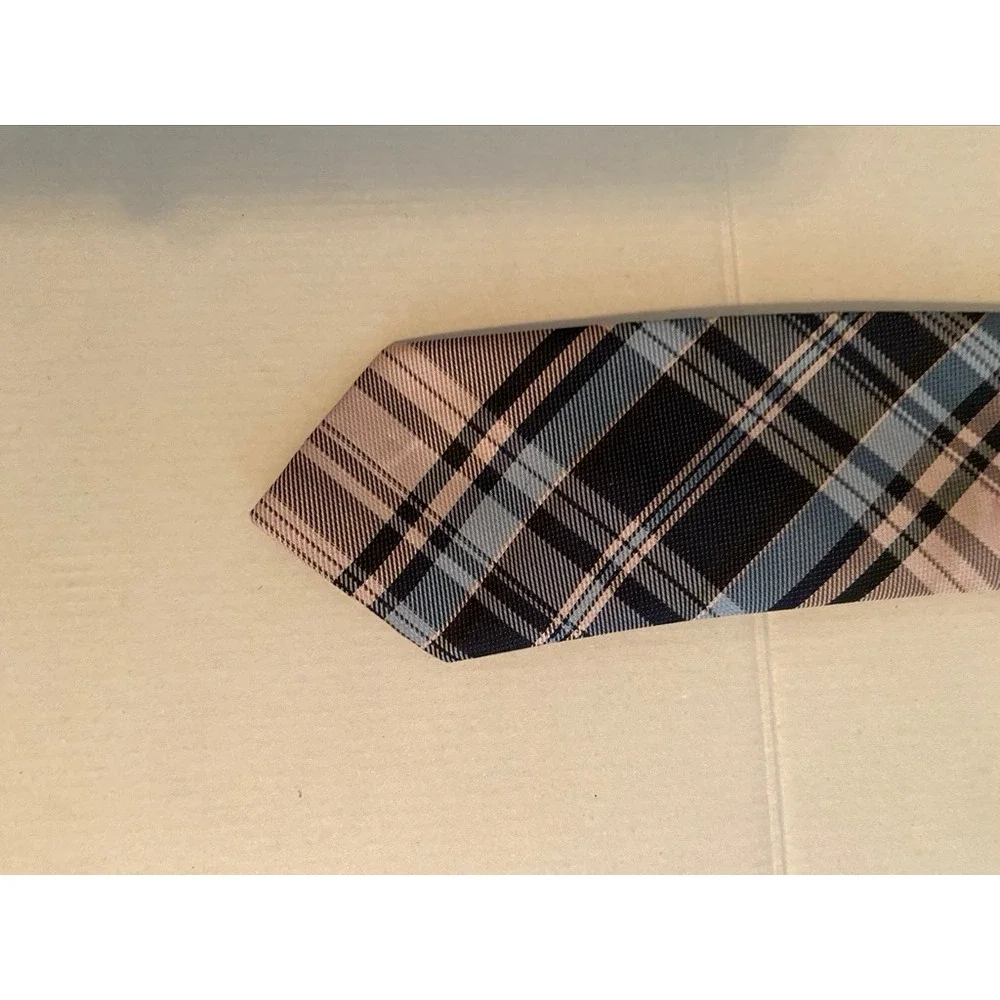 Boys Navy Blue Tan Plaid Clip-On Necktie‎ 14 Inch Formal School Uniform Tie